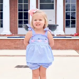 Ocean Whale Light Blue Gingham Aurora Bloomer Set - Girls 2Pc Outfit