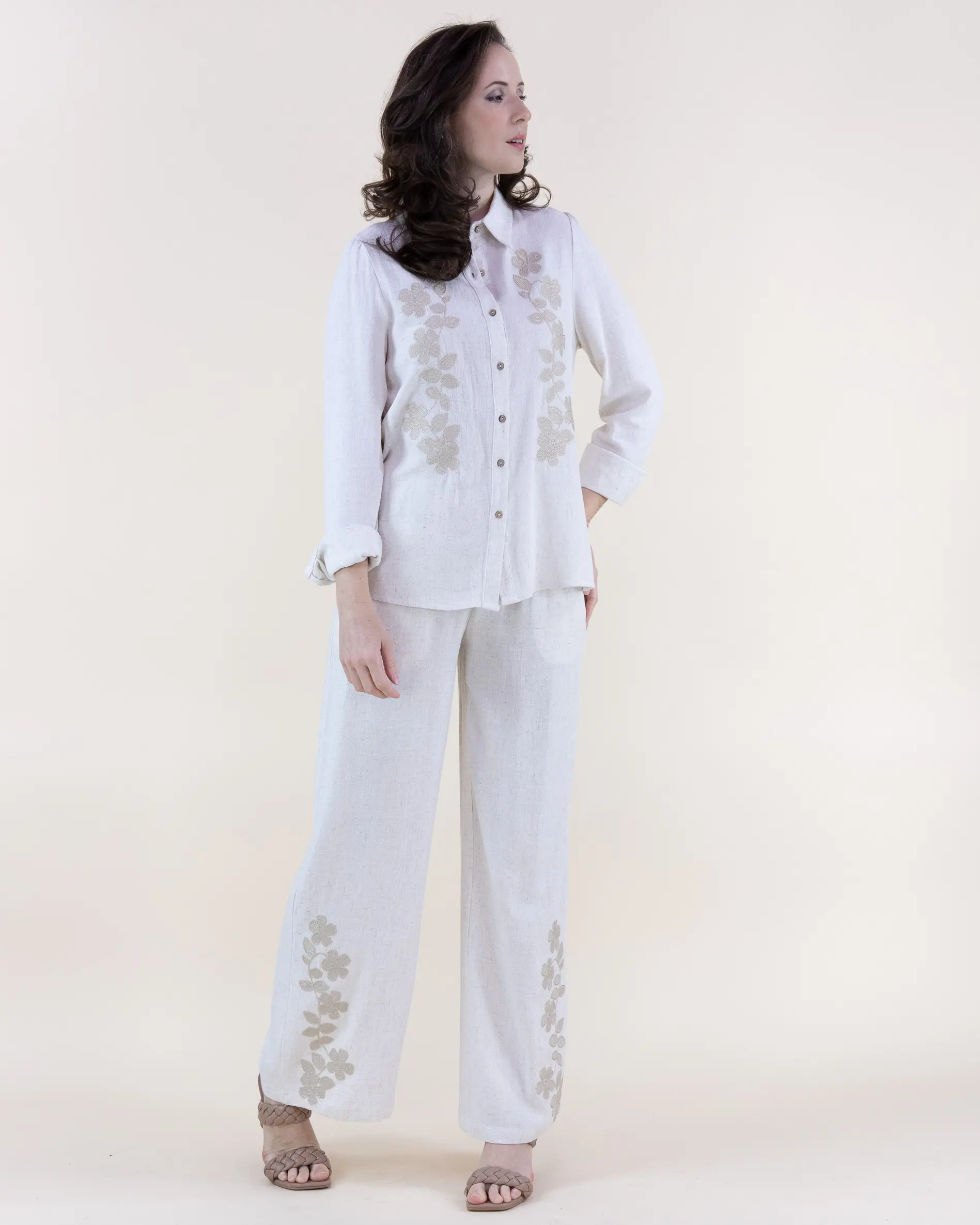 Women's Floral Embroidered Button Front Shirt and Wide Leg Trouser Set – Elegant Two Piece Resort Outfit with Tonal Flower Embroidery
