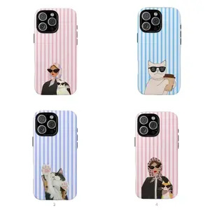 Stripe Cat iPhone Case, Preppy Aesthetic Phone Cover, Funny Cat Gift For Her, Tough Protective Case For iPhone 17 16 15 14 13 12 11