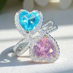 Blue and Pink Double Heart Ring – Ideal for Bridal Engagement Promises, Wedding Anniversaries, with Synthetic Zirconia & Birthstone, High-Quality Jewelry