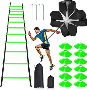 Pro Speed & Agility Training Set—Includes 12 Rung 20ft Adjustable Agility Ladder with Carrying Bag, 12 Disc Cones, 4 Steel Stakes, 1 Resistance Parachute, Use Equipment to Improve Footwork Any Sport