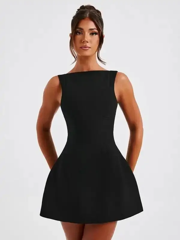 Women's Solid Backless Boat Neck Tank Dress, Street Fashion Casual Sleeveless Short Dress for Daily Wear, Ladies Dress for Summer, Teacup Dress