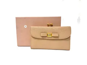 Pre-owned miumiu LEATHER Mini Bags Miu Miu Bow Wallet Beige Pebbled with Gold Hardware