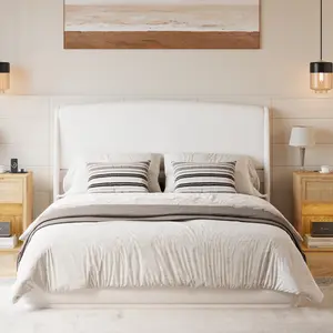  [Bellemave] Queen Size Upholstered Platform Bed| Wingback Curved Headboard| Linen Fabric| Sturdy Wood Slats| No Box Spring Needed| Easy Assembly