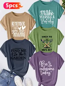 5Pcs Women's Crew Neck T-Shirts, Inspirational Slogan & Gardening Tool Print, Multiple Colors Available, Machine Washable, Spring & Summer Tops, Soft Skin-Friendly Fabric, Daily Versatile, Fashion Design