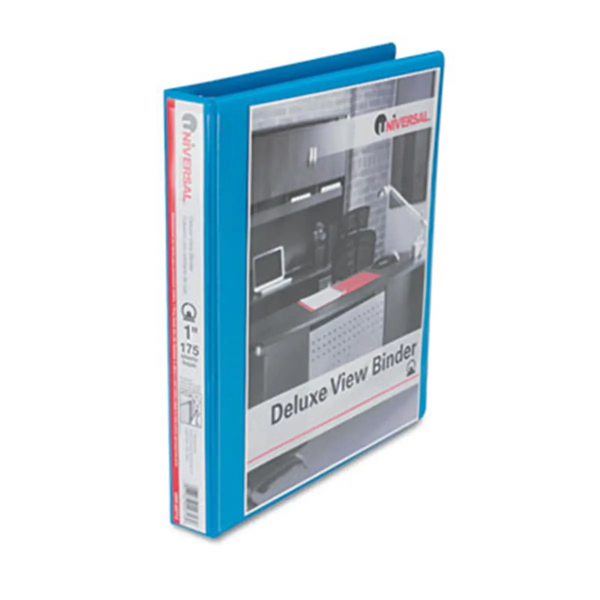 Universal Deluxe D-Ring Vinyl Cover Binder (20713) - 1'' Capacity, Light Blue, 175 Sheets Capacity, See-Through Design, Easy to Remove Spines, Exposed Spine Rivets, Page Storage, Title Page Creation, Create Title Page