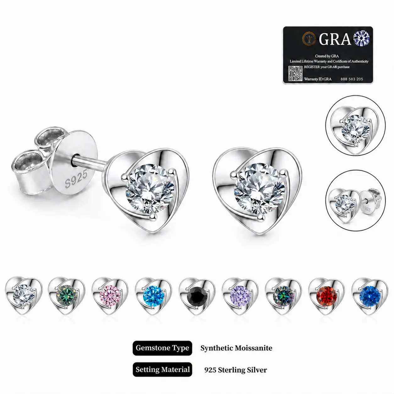 Women's S925 Sterling Silver Heart Shape Stud Earrings, 3-Prong Round Cut VVS Moissanite Frame, Butterfly Back, Multicolor Birthday Anniversary Gift, Studs