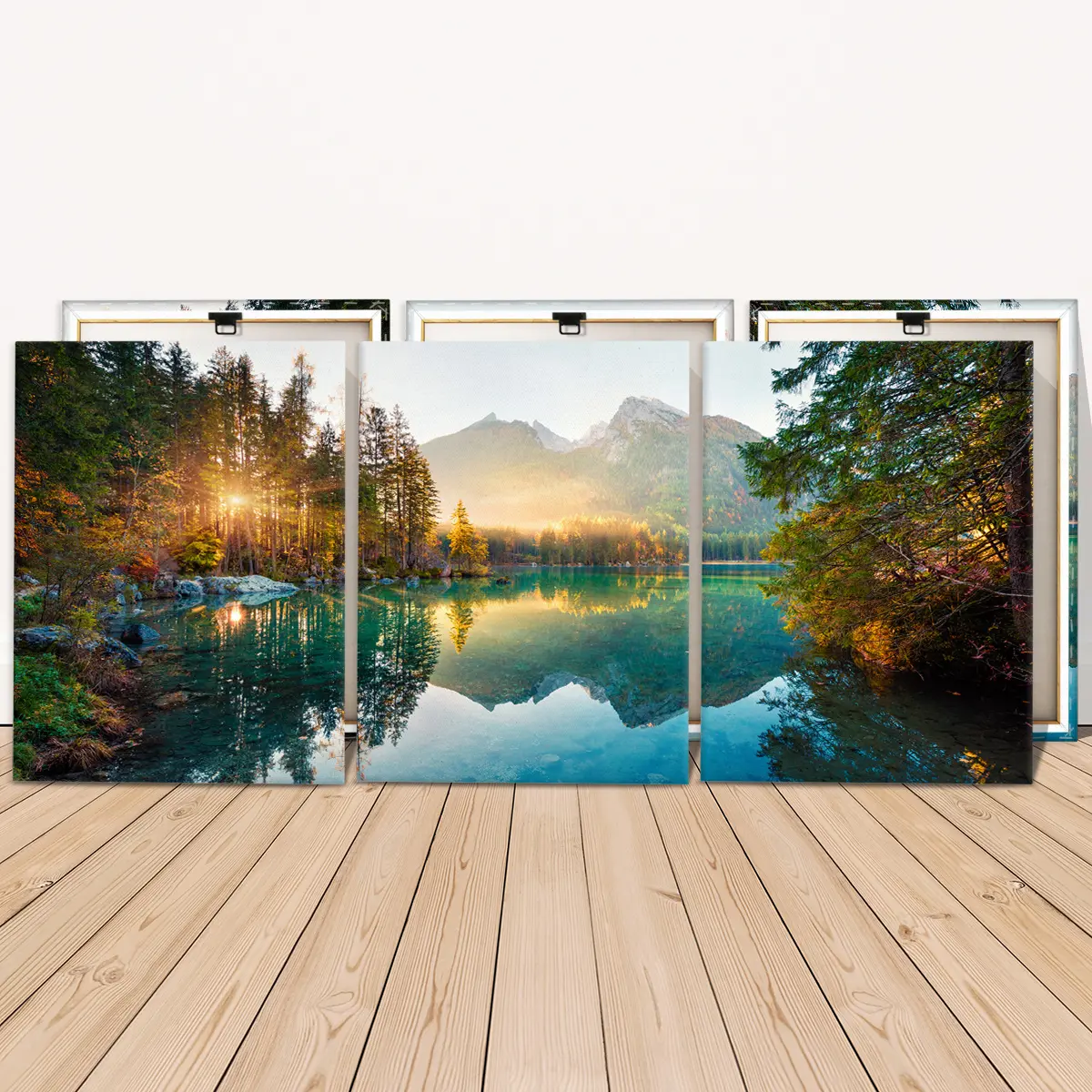 3 Counts Wooden Framed Canvas, Serene Mountain Lake Sunrise Landscape Images, Exquisite Artistic Poster, Print, Perfect Living Room Decoration, Modern Art, Western Wall Art, Fashion Family Poster, Wall Art Decoration, Waterproof Art