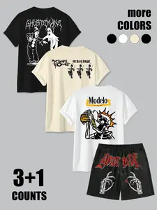 Punk Rock Graphic T-Shirt and Shorts Set, Loose Fit with Dark Band Elements, Casual Style for Trendy Fashion
