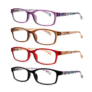 4 pack classic anti-blue light reading glasses, featuring stylish diamond-patterned frames designed specifically for women. Spring hinge design accommodates multiple wearers. Comfortable and durable. Ideal for reading and computer work. Clear Mix Color