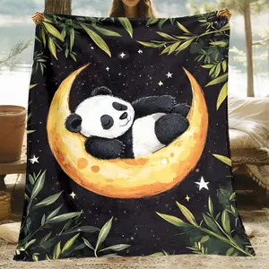 1 Comfortable and Cute Panda Bamboo Good Night Moon Pattern High-Definition Printed Outdoor Blanket - Multifunctional and Durable Camping Blanket, Suitable for Naps, Travel, and Picnics, Soft and Warm Flannel Fabric, Ideal Gift