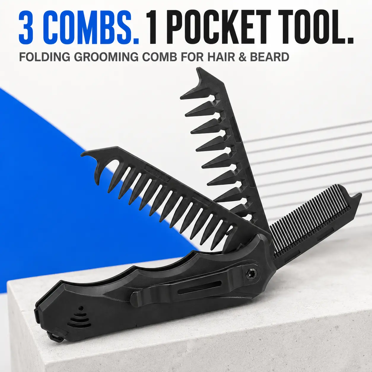 3 in 1 Folding Hair Comb for Women and Men Fine and Wide Tooth Portable Pocket Styling Comb with Root Lifting Pick and Clip for Slick Back Bun Sleek Ponytail Pompadour Quiff Daily Styling and Travel Black