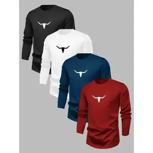 Men's Round Neck Long Sleeve T-Shirt Set, Casual Street Fashion Knit Polyester Top, Elastic Basic Fitted with Flag Print, Breathable Layered Tee