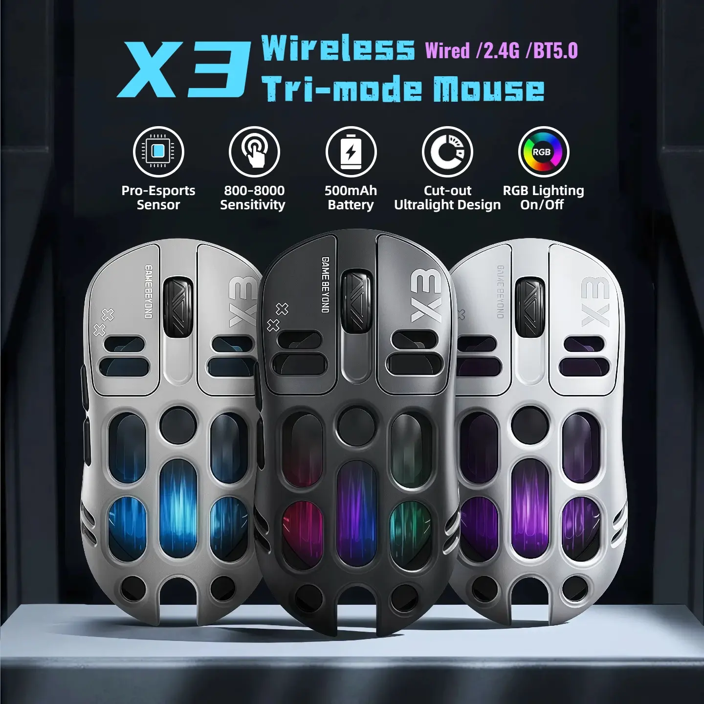 X3 Tri-Mode Gaming Mouse - USB-C Wired/2.4G/Bluetooth Connectivity, 70g Lightweight Honeycomb Design, 26000 DPI High-Precision Sensor, Customizable RGB Backlit Rechargeable Cable-Free Mouse with 5 Programmable Buttons for Gaming & Office Use