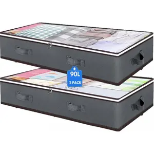 2-Pack 90L Underbed Storage Bags, H HOME-MART Under Bed Shoe Storage Containers Clothes Organizers Bedroom Storage Organizer with Reinforced Handles, See-Through Window Sheet Organizer for Clothing, Blankets, Storage Supplies (2-Pack)