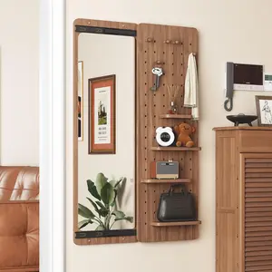 Wall Mounted Full Length Mirror, Full Body Mirror with Shelf, Decor Mirror with Hook Wall Mounted Mirror with Multifunctional Design Panel, Bedroom/Living Room/Entrance, Walnut