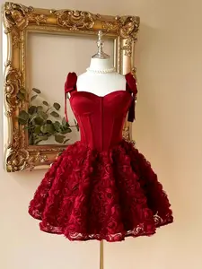 Elegant Satin Backless Dress, Womenswear, 3D Floral Design & Ruffle Skirt Hem, Perfect for Weddings, Graduations, Formal Events, Party Wear