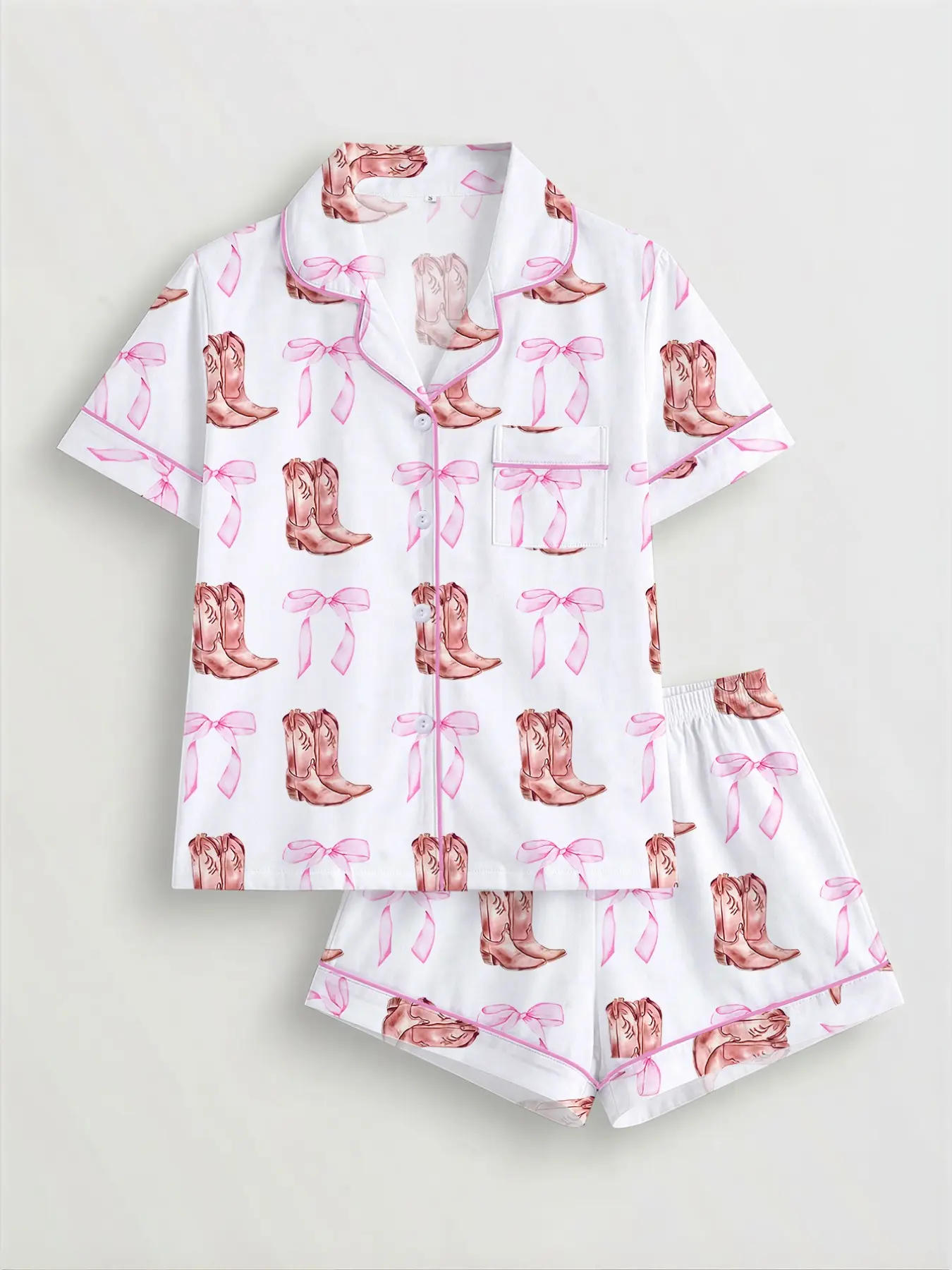 Women's Denim Bowknot Printed Pyjama Set, Short Sleeve Button-Up Top & Elastic Shorts, Casual All-Season Sleepwear, Cowgirl Pajama Shorts