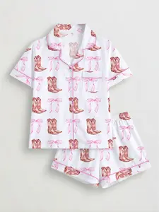 Women's Denim Bowknot Printed Pyjama Set, Short Sleeve Button-Up Top & Elastic Shorts, Casual All-Season Sleepwear