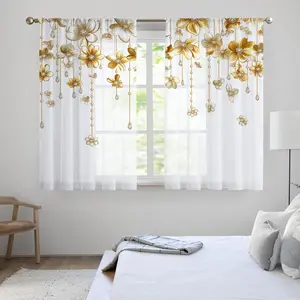 Flower Pattern Curtain, 2pcs/set Exquisite Elegant Short Curtain, Window Drapes for Home Living Room Bedroom Kitchen Bathroom Hotel Decor, Home Decoration Curtain
