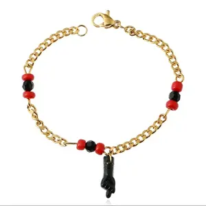 Baby Bracelet Hand Azabache Stainless Steel with Red and Black Beads and Gold Chain Design
