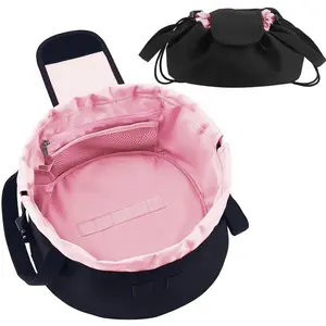Graduation Travel Essentials Lay Flat Drawstring Makeup Bag, Large Capacity Open-Flat Toiletry Bag, Portable Cosmetic Organizer for Women, Perfect for Skincare Makeup Brushes, Pink