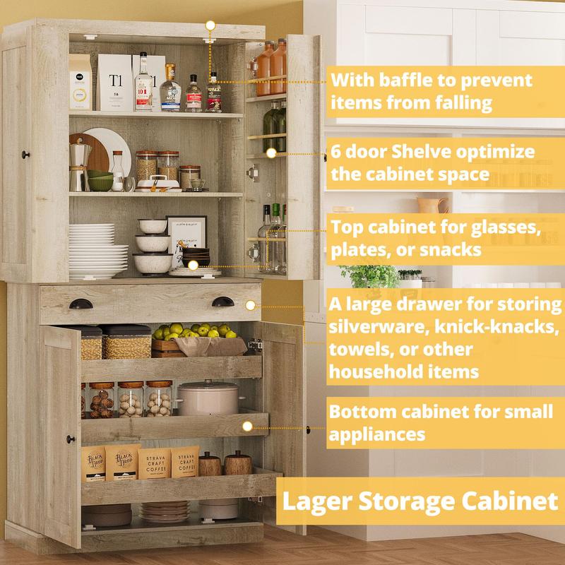 【2 Packages Shipping】IRONCK Kitchen Pantry Cabinet 72" Height, Freestanding Cupboard with Drawer, Sliding Storage Rack, and 6 Hanging Shelves for Dining Room, Laundry, Rustic Maple 【2 Packages Shipping】IRONCK Kitchen Pantry Cabinet 72" Height, Freestanding Cupboard with Drawer, Sliding Storage Rack, and 6 Hanging Shelves for Dining Room, Laundry, Rustic Maple