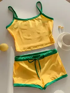 ☀️Viral Summer Comfy Loungewear Set: Bright Yellow & Green Trim Camisole + Shorts | Soft Breathable Fabric, Cute Casual Sleepwear for Lazy Days, TikTok Trendy Home Outfit #Loungewear #ComfyStyle #SummerVibes