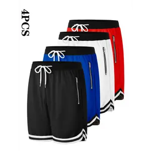 4-Pack Men's Casual Athletic Shorts, Breathable Polyester - Zippered Pockets, Elastic Waistband, Multicolor, Basketball and Athletic Wear, Machine Washable