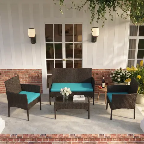 【Value Pick】Costoffs Wicker Rattan Set - 3/4-Piece Iron Rattan Frame Outdoor Patio Furniture Set with 1/2-Seat Sofa, 2 Single-Seat Sofas, Tempered Glass Top Coffee Table, Cozy Natural Look Garden Seating, Black/Beige