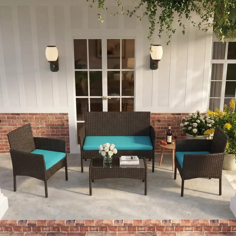 【Value Pick】Costoffs Wicker Rattan Set - 3/4-Piece Iron Rattan Frame Outdoor Patio Furniture Set with 1/2-Seat Sofa, 2 Single-Seat Sofas, Tempered Glass Top Coffee Table, Cozy Natural Look Garden Seating, Black/Beige