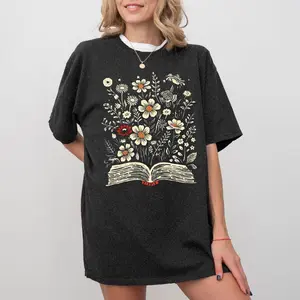 Reading Book Tshirt, Minimalist Flower Shirts, Floral Book Graphic Tees, Book Flowers Shirt, Gifts for Bookworm, Librarian Tshirts