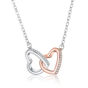 Cross-border s925 silver two-tone double heart necklace for women, interlocking hearts silver pendant, love-themed European and American fashion pendant necklace