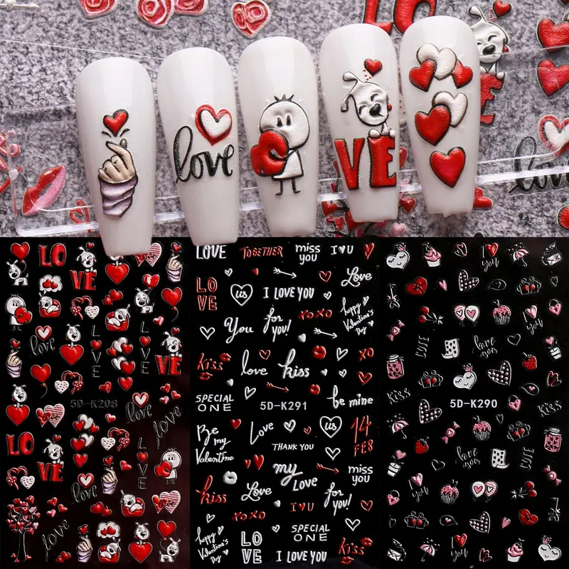 3pcs Valentine's Day Heart Nail Stickers, Easy Apply Daily Nail Design, All-Season Universal, Glossy Finish, DIY Manicure Accessories, Nail Art Supply