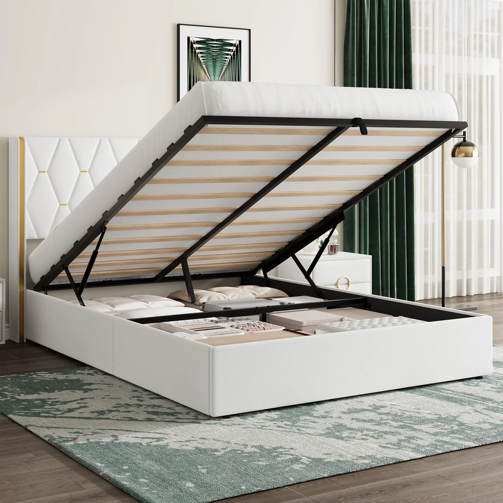 Garvee Full Size Upholstered Wingback Storage Bed Frame, Modern Hydraulic Bed with Strong Wood Slats Support, No Box Spring Needed, Easy Assembly, White, Full Size Bed Frames,dorm essentials,home decor