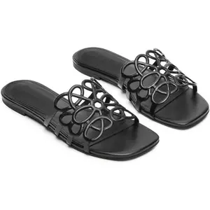 Coutgo Womens Flat Sandals Comfortable Square Open Toe Slides Slip On Summer Dressy Beach Shoes