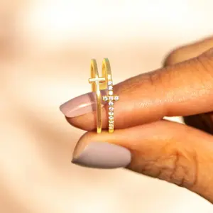 Cubic Zirconia Cross Ring for Women – Shiny Minimalist Faith Jewelry, Adjustable Open Band Statement Ring