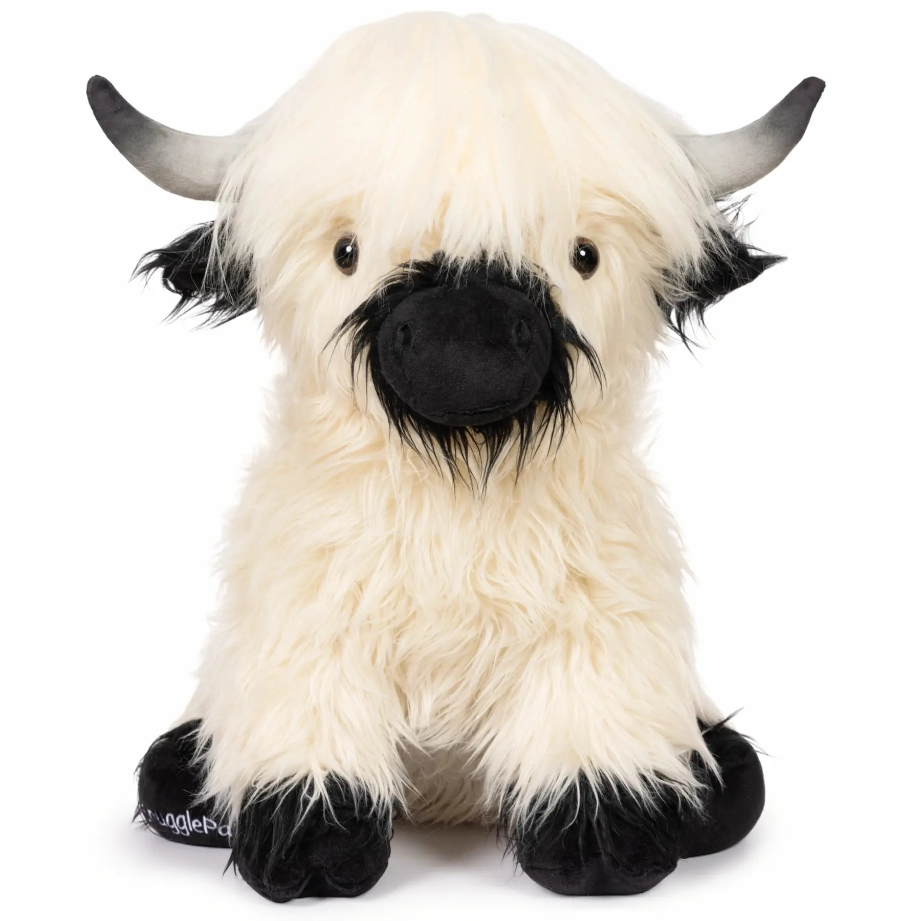 Jumbo White & Black Highland Cow SnugglePal | 16" Tall, 4.5lbs | Heatable & Coolable | Highlander Cow Stuffed Animal | Includes Burlap Bag