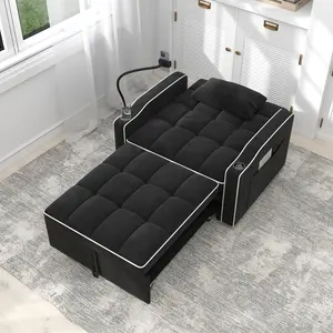 Velvet pull-out sofa bed with cushions, featuring brushed stainless steel cup holders, phone stands, and USB charging ports.