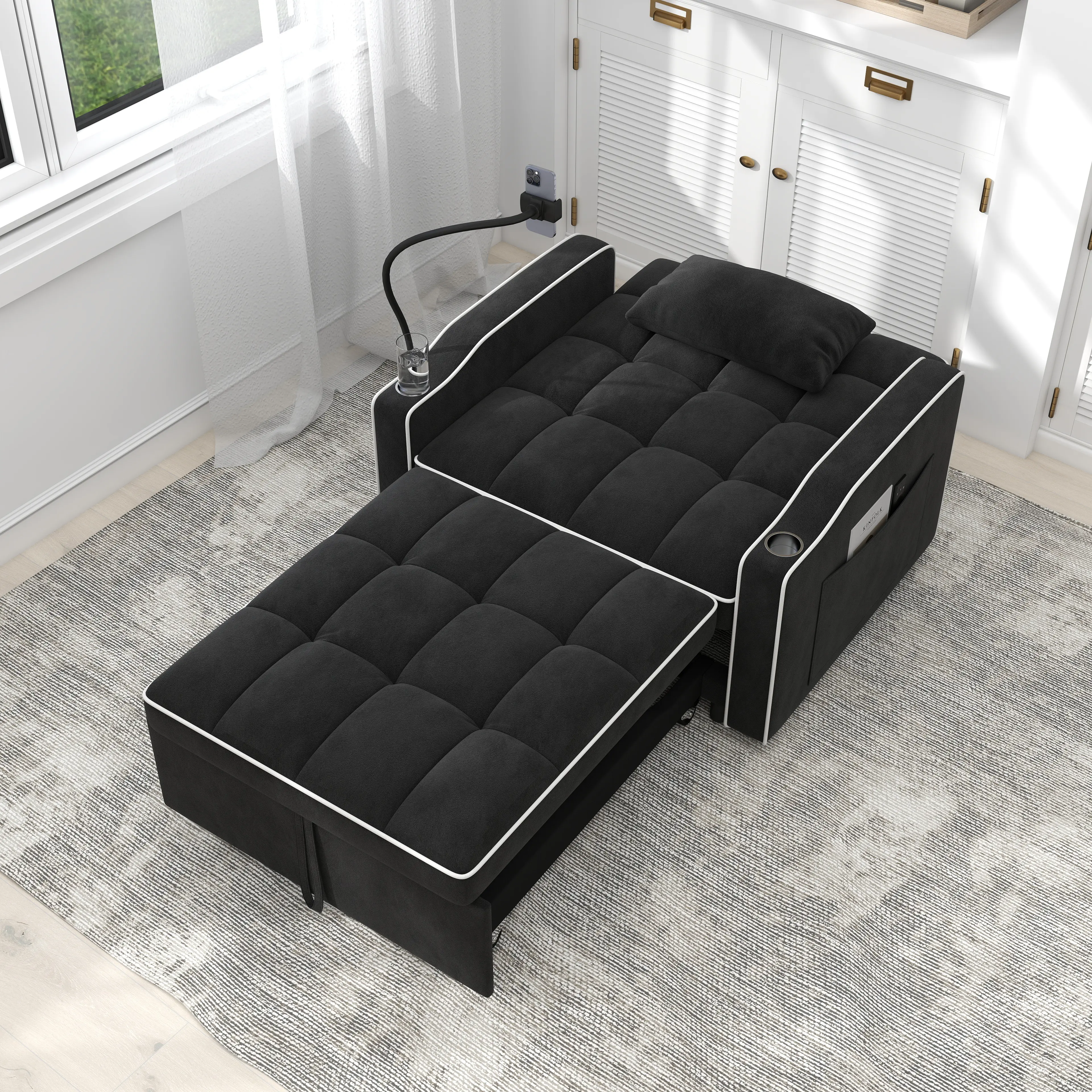 Modern Upholstered Velvet Couch Loveseat - Foldable Convertible Sofabed with Cushions, Brushed Stainless Steel Cup Holders, Phone Stands, USB Charging Ports for Living Room Decor, Boneless Couch, Boneless Couch Loveseat L Shaped Sofas