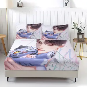 Cute dog and cartoon brother pattern bed sheet, including 1 bed sheet and 2 pillowcases, anti slip dust cover suitable for bedrooms, suitable for adult holiday gifts, give to friends, give to lovers