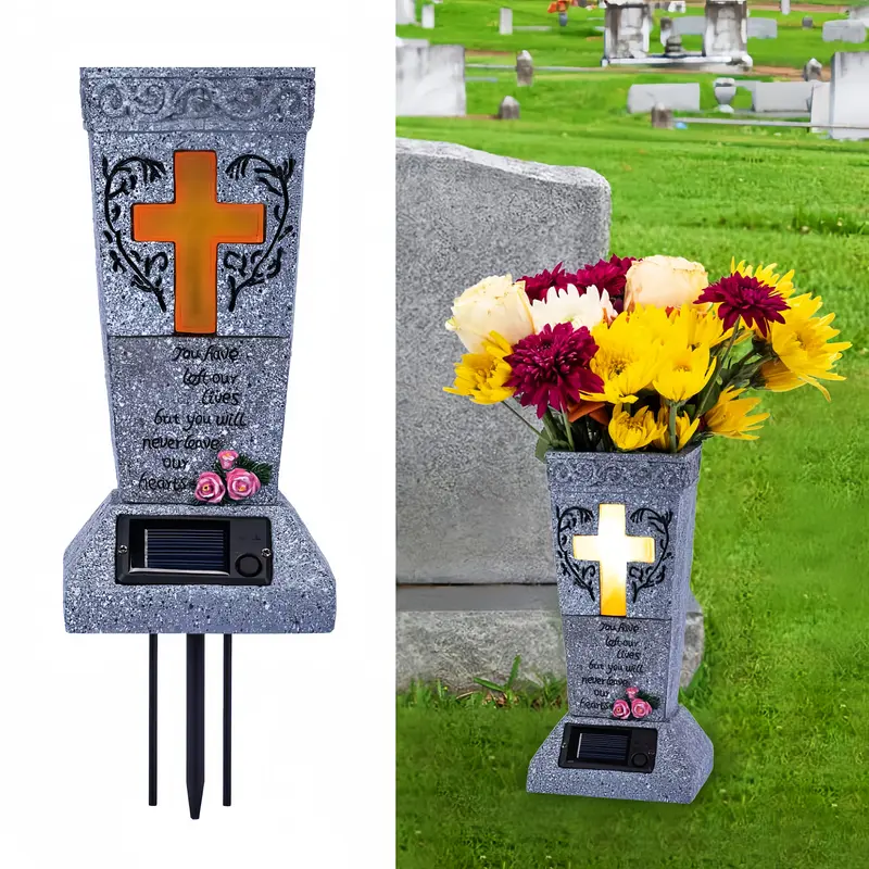 Solar LED Decorative Flower Vase with Ground Spike - Durable Weatherproof Cemetery Headstone Memorial Holder, All Seasons Outdoor Accessory with Dawn-Off Lighting, Dusk Auto-On Light, Drainage-Hole Plug, Root Rot Prevention for Bouquet Display