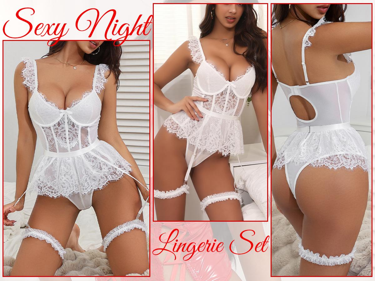 CHALOVELO Women's 2-Piece Lace Teddy Babydoll Bodysuit Lingerie Set, Underwire Floral Top with Detachable Sheer Skirt