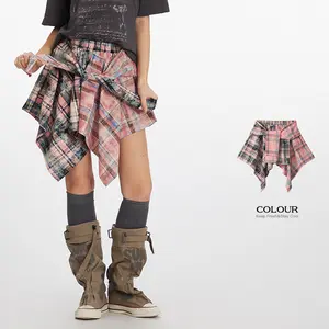 Trendy Plaid Skort for Women Fashionable Irregular Design Colorful Grid Sport Skirt Loose Fit Streetwear