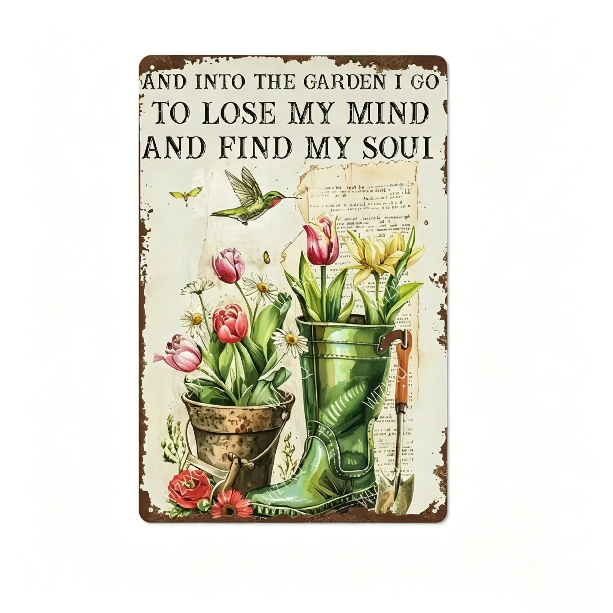 Vintage "And Into The Garden I Go" Gardening Metal Tin Sign, Floral Hummingbird Wall Art, Perfect Garden & Farmhouse Decor Metal Tin Sign Metal Wall Art Tin Wall Decor Vintage Metal Sign Retro Tin Plaque