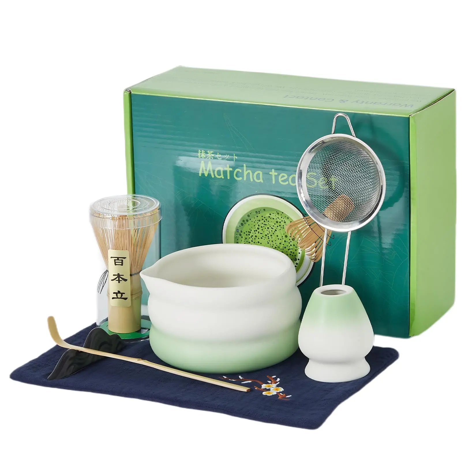 Garvee 7-piece set, gradient green matcha set with ceramic bowl, whisk holder and bamboo whisk, bamboo spoon and spoon rest, stainless steel sifter, and tea towel