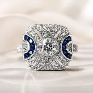 Art Deco Blue Sapphire CZ Statement Ring Silver Tone Vintage Luxury Jewelry for Party Anniversary Accessories for Women Valentines&birthday Boujee Gifts for gf Mother's Day gift
