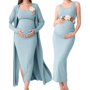 2 PCS Winter Spring Maternity Dress Cardigan Set Long Bodycon Maxi Formal Dresses Boho Baby Shower for Women
