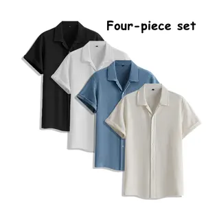 Men’s Summer Lightweight Breathable Solid Color Short-Sleeve Dress Shirts with Turn-Down Collar for Commuting, 4-Pack