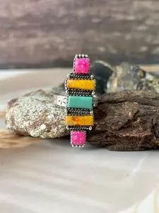 Handmade Sterling Silver Spring Collection: Hot Pink with Bumblebee and Kingman Adjustable Ring "Signed Nizhoni"